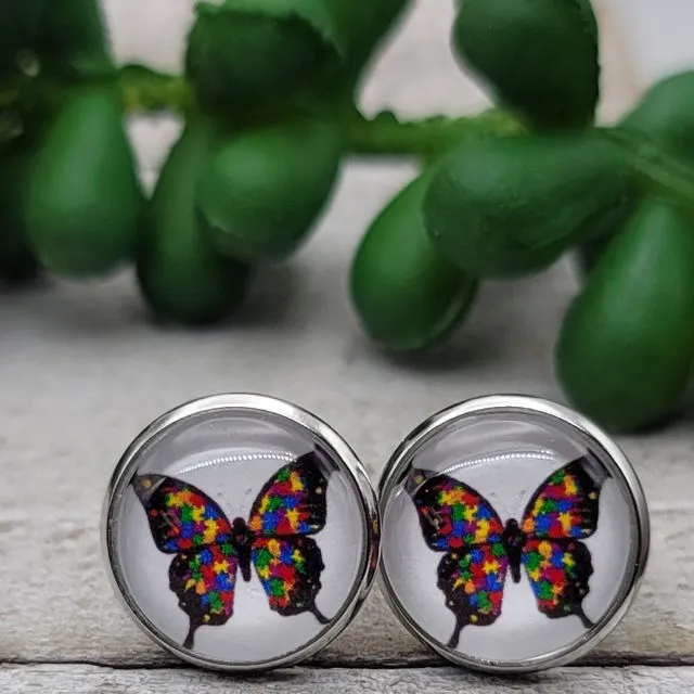 Butterfly Autism Awareness || 12mm Glass Stud Earrings || Hypoallergenic