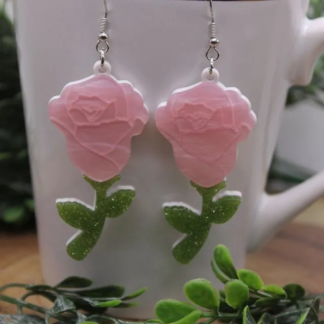 Pink Roses || Dangle Earrings || Hypoallergenic