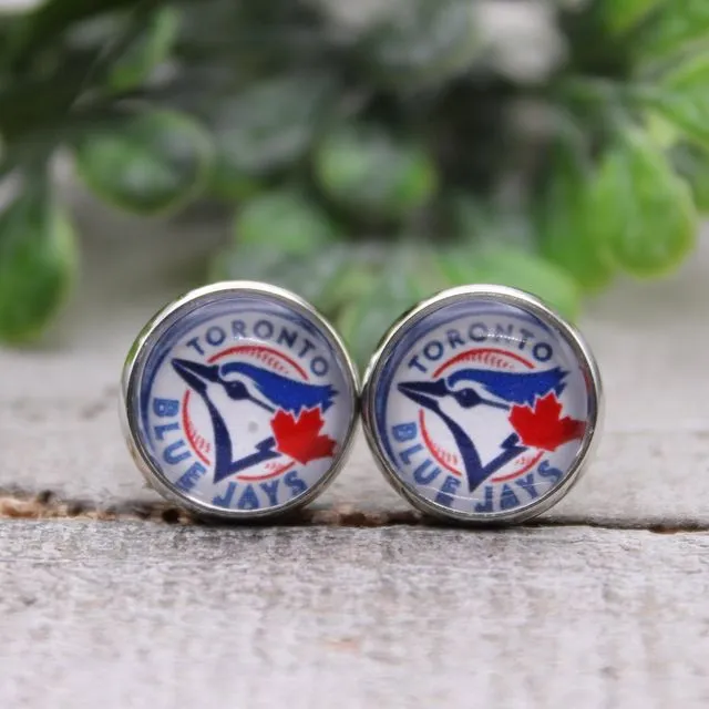 Toronto Blue Jays Baseball || 12mm Glass Stud Earrings || Hypoallergenic