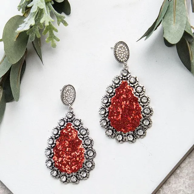 Red Teardrop Earrings with Silver Floral Halo