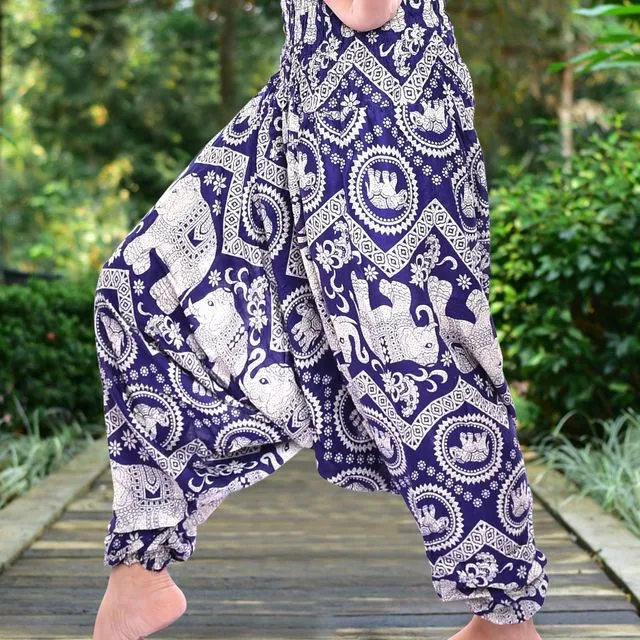 Bohotusk Navy Blue Elephant Print Low Crotch Harem Pants Womens Elasticated Smocked Waist S/M