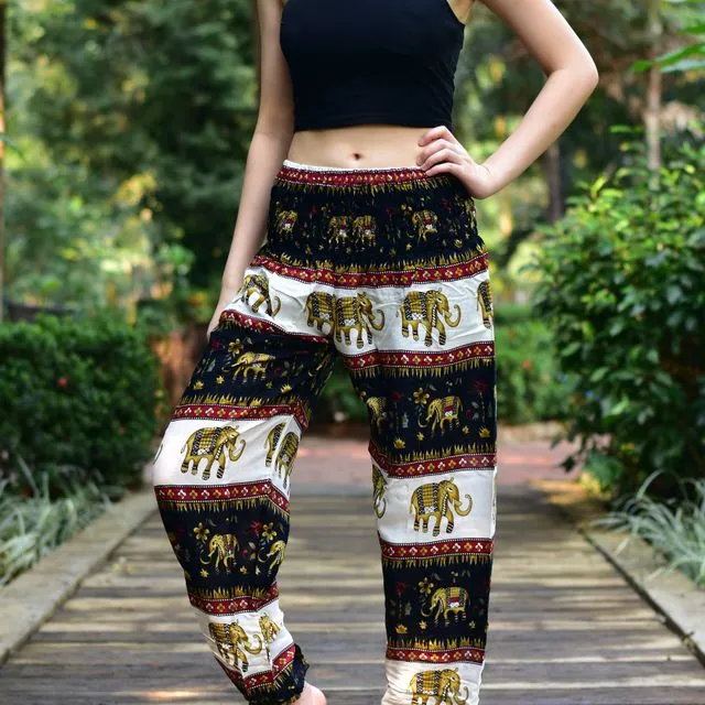 Bohotusk Black Elephant Stripes Print Elasticated Smocked Waist Womens Harem Pants S/M
