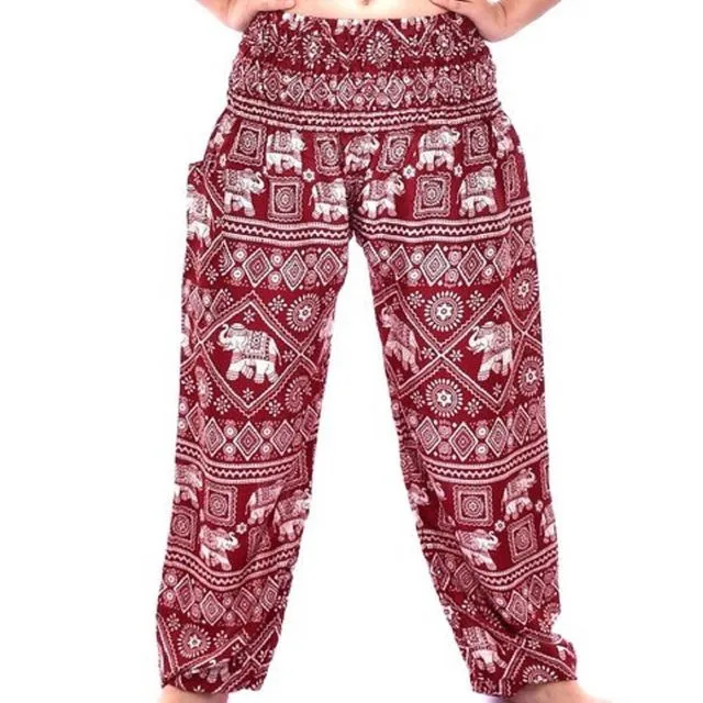 Bohotusk Red Elephant Print Elasticated Smocked Waist Womens Harem Trousers Alternative Maternity Trouser