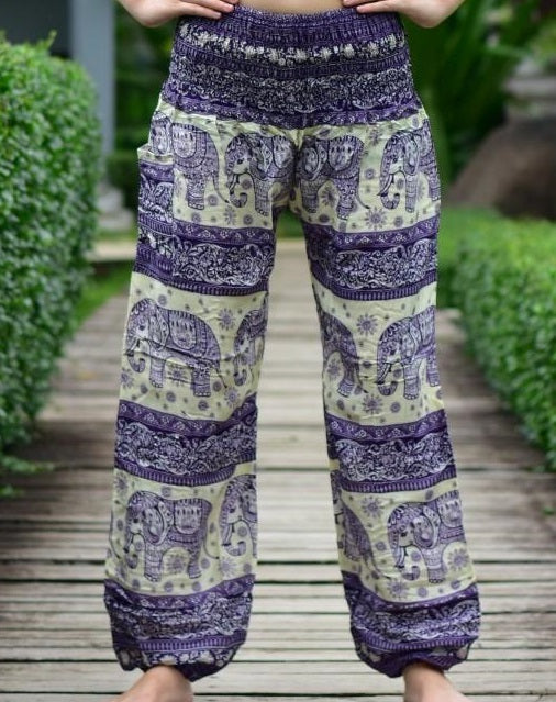 Bohotusk Mens Purple Elephant Herd Harem Pants Cord Tie Waist M/L to XL