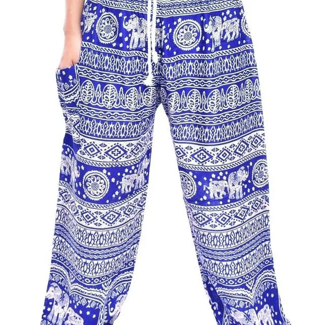 Bohotusk Mens Blue Elephant Calf Print Harem Pants Cord Tie Waist M/L to XL