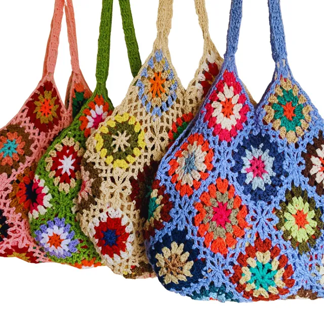Handmade Crochet Knitted Shoulder Bag Granny Square Boho Tote for Summer Shopping Festivals