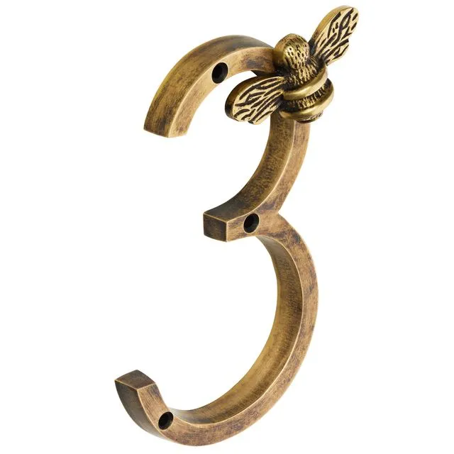 Brass bee Premium House Numbers with Bee in Heritage Finish 0-9 - 5 Inch - Number 3 with bee