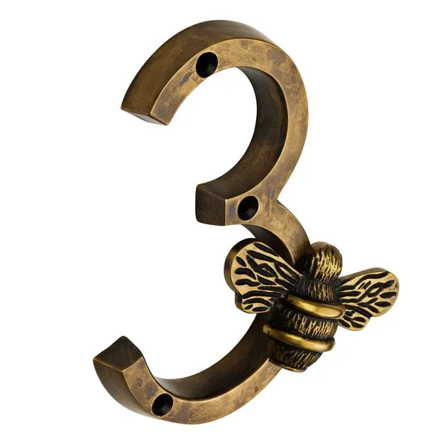 Brass bee Premium House Numbers with Bee in Heritage Finish 0-9 - 4 Inch - Number 3 with bee