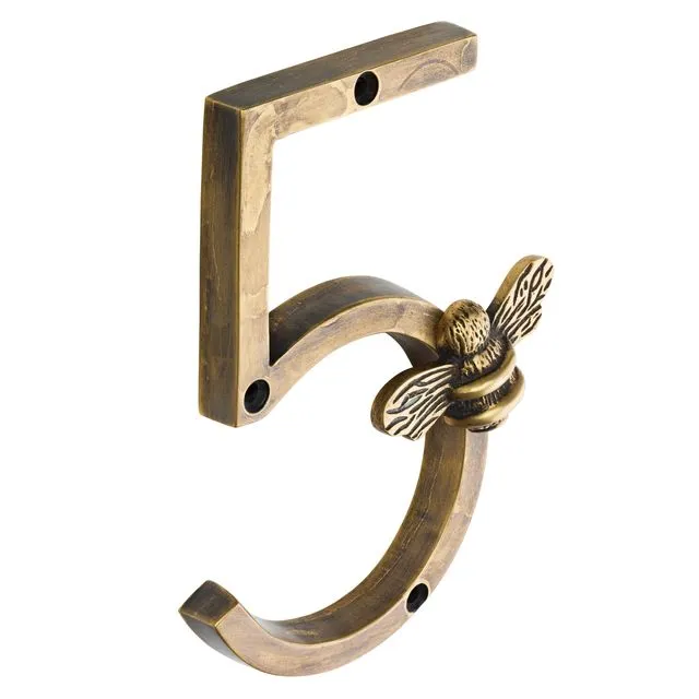 Brass bee Premium House Numbers with Bee in Heritage Finish 0-9 - 5 Inch - Number 5 with bee