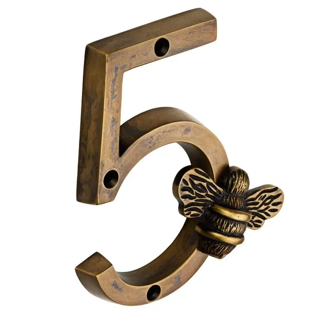 Brass bee Premium House Numbers with Bee in Heritage Finish 0-9 - 4 Inch - Number 5 with bee