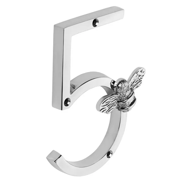 Brass bee Premium House Numbers with Bee in Nickel Finish 0-9 - 5 Inch - Number 5 with bee
