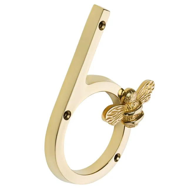Brass bee Premium House Numbers with Bee in Brass Finish 0-9 - 5 Inch - Number 6 with bee