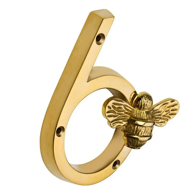 Brass bee Premium House Numbers with Bee in Brass Finish 0-9 - 4 Inch - Number 6 with bee