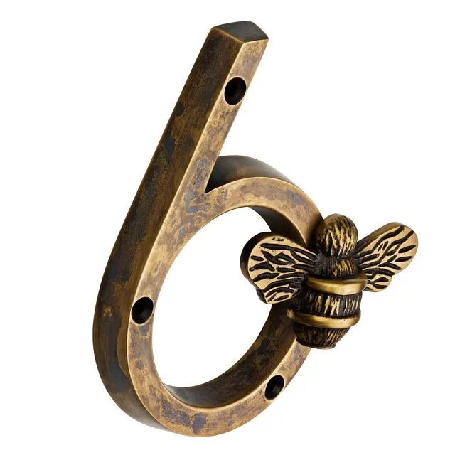 Brass bee Premium House Numbers with Bee in Heritage Finish 0-9 - 4 Inch - Number 6 with bee