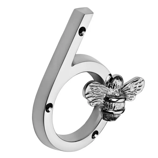 Brass bee Premium House Numbers with Bee in Nickel Finish 0-9 - 4 Inch - Number 6 with bee