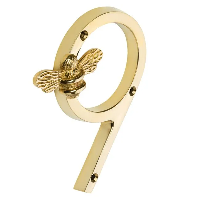 Brass bee Premium House Numbers with Bee in Brass Finish 0-9 - 5 Inch - Number 9 with bee