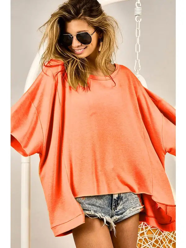 French Terry Cut Over-fit Top With Cut Edge - NEON CORAL
