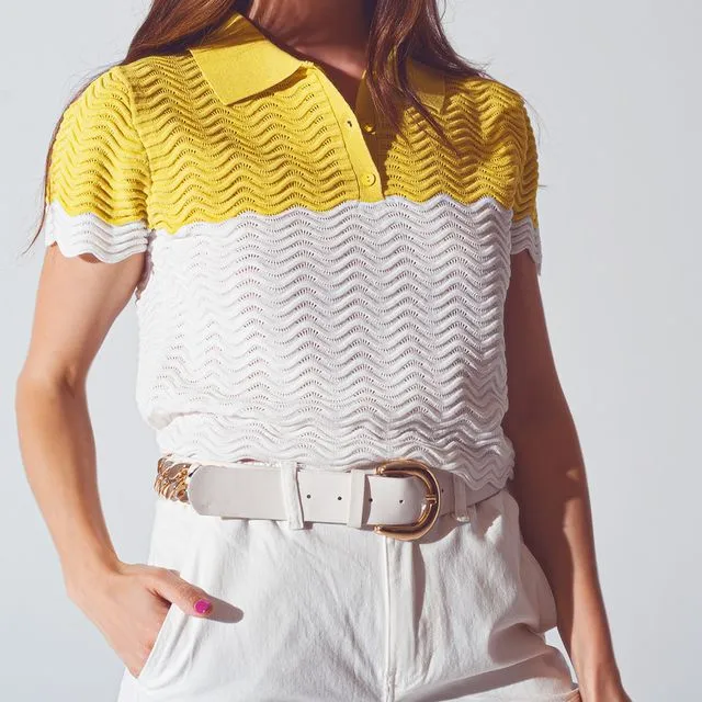 KNITTED COLOUR BLOCK CROPPED POLO IN WHITE