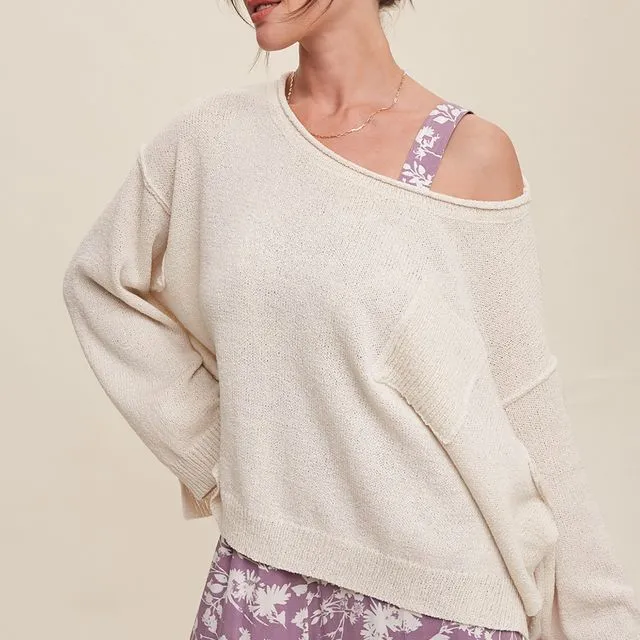 Light Weight wide Neck Crop Pullover Knit Sweater - (LILSW0509 : CREAM)