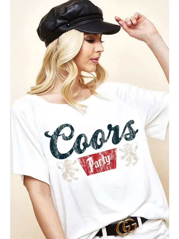 Rayon Span Knit Top With Coors Party Graphic - OFF WHITE