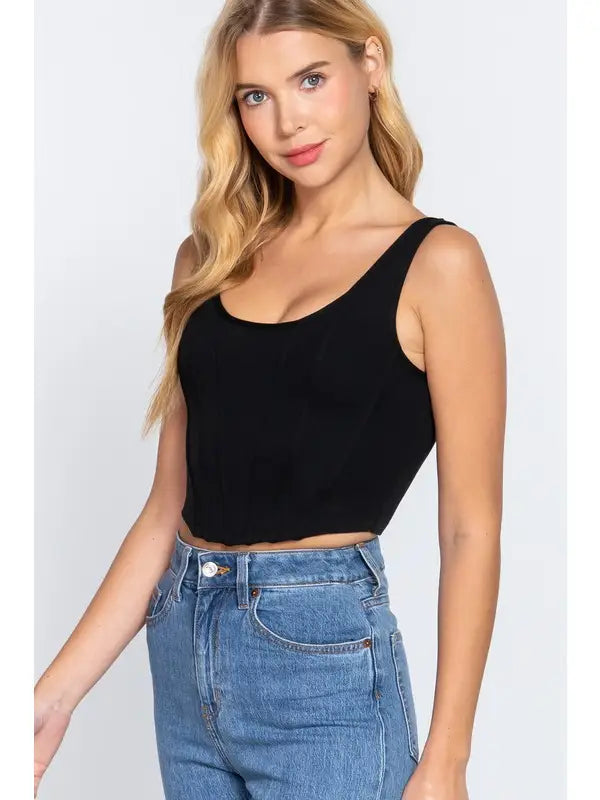 Sleeveless Curved Hem Lined Detail Knit Top - BLACK