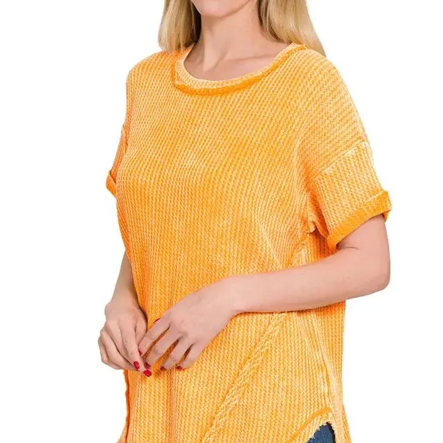 Washed Waffle Rolled Up Short Sleeve Top - YELLOW GOLD