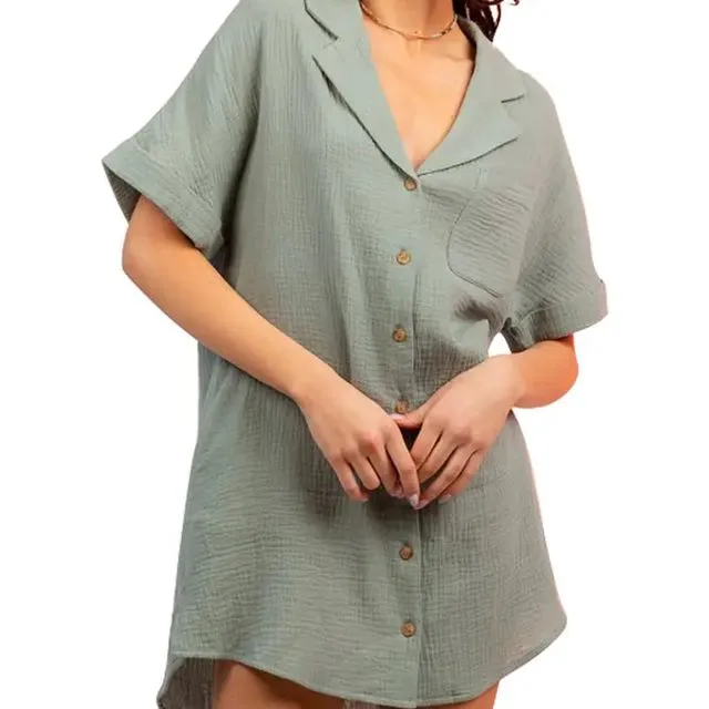 Half Sleeve Cutout Back Mini Shirt Dress - SAGE