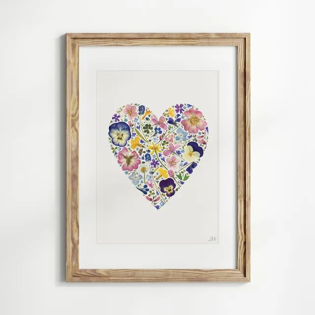 Pressed Flower Heart Print | A3/A4/10x8" | Wildflowers on Natural