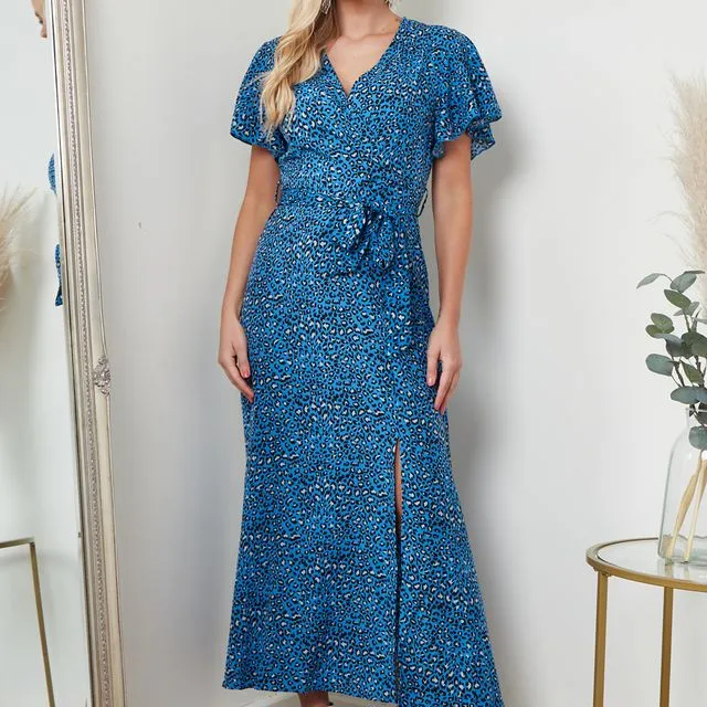 Wrap Front Maxi Dress In Blue Animal Print