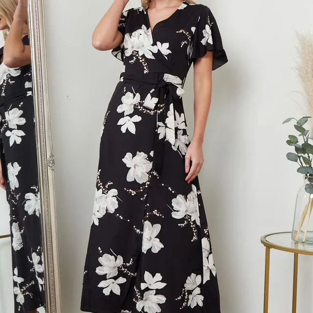 Wrap Front Maxi Dress In Black Floral Print