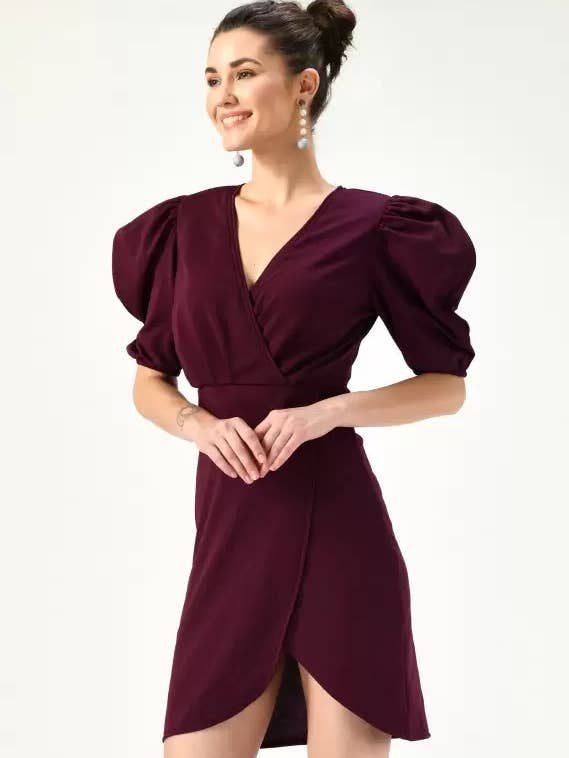 Women's Solid Regular Fit Polyester Puff Sleeve Casual dress - wine