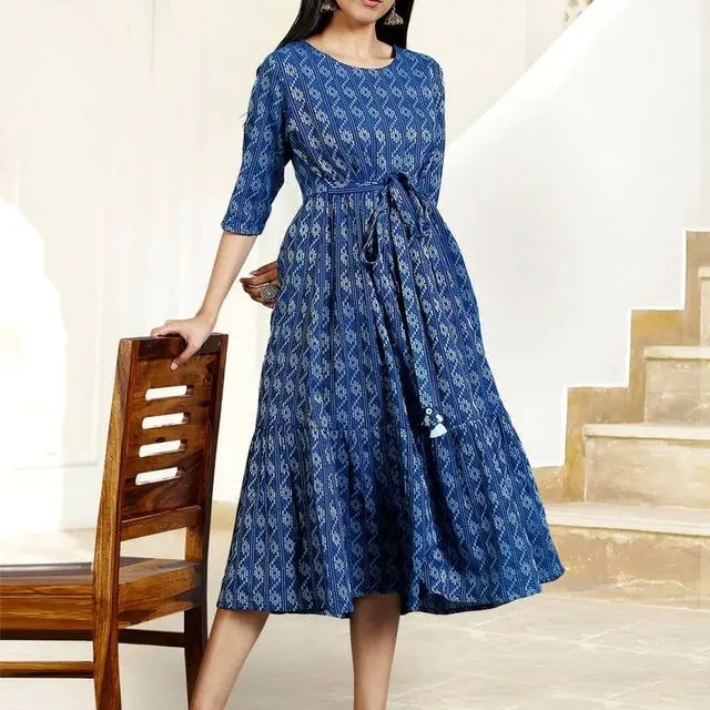Women's Woven Cotton casual ikat Midi Dress blue