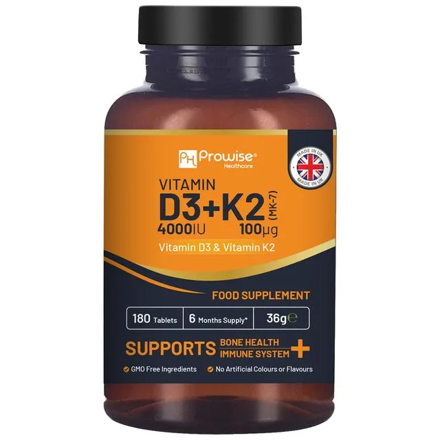 Vitamin D3 4000IU & K2 MK7 100µg Vegetarian Tablets I 180 ( 6 Months Supply) I Easy to Swallow Supplement for Immune Support, Calcium Boost, Bone & Muscle I Made in The UK by Prowise Healthcare