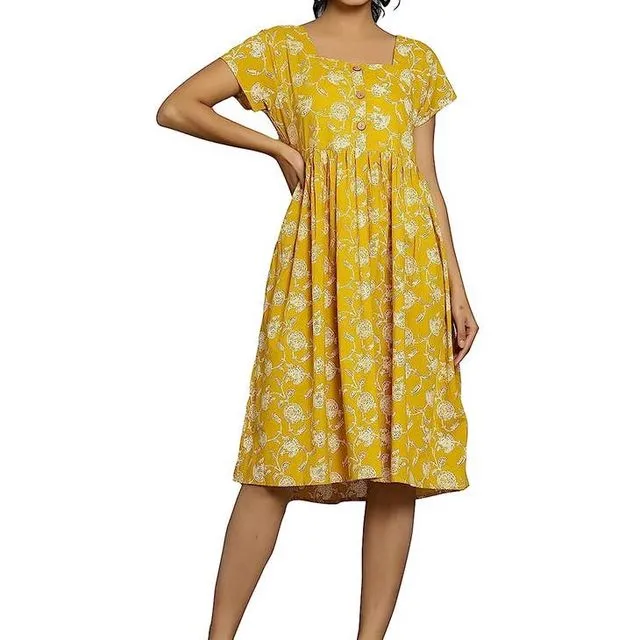 Cotton Women's Dress Handmade Casual Midi Length - Yellow