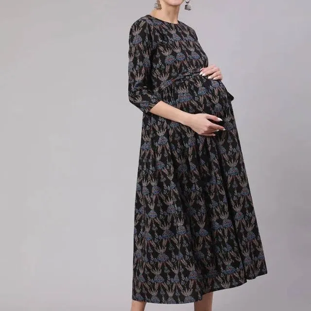 Women Black Floral Printed Flared Maternity Dress/A-line - Black