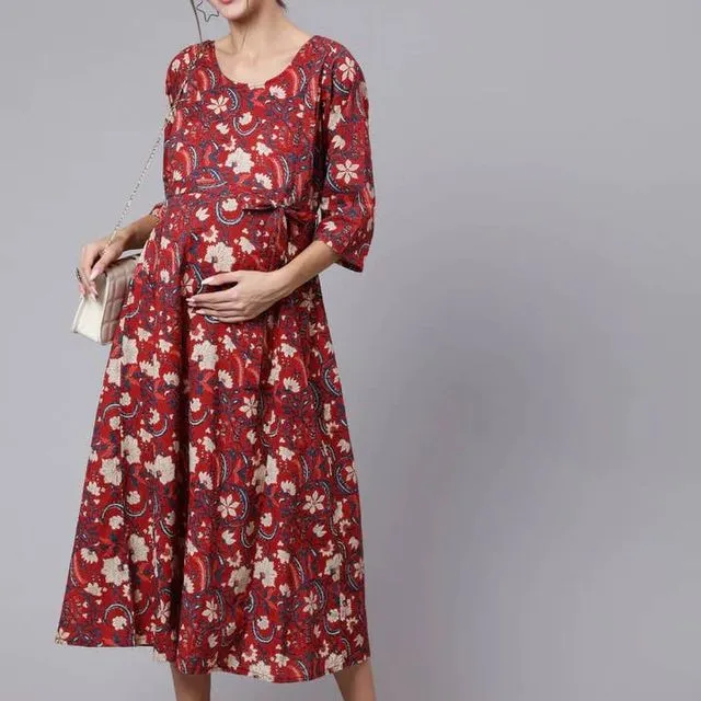 Women Black Floral Printed Flared Maternity Dress/A-line - Red