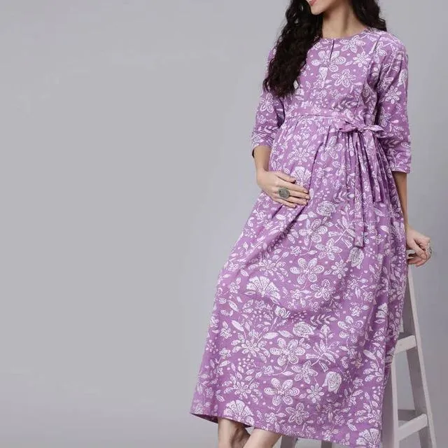 Women Black Floral Printed Flared Maternity Dress/A-line - Purple