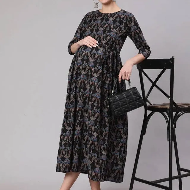 Women Paisley Floral Printed Flared Maternity Dress/A-line - BLACK