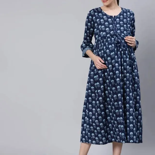 Women Paisley Floral Printed Flared Maternity Dress/A-line - BLUEWHITE
