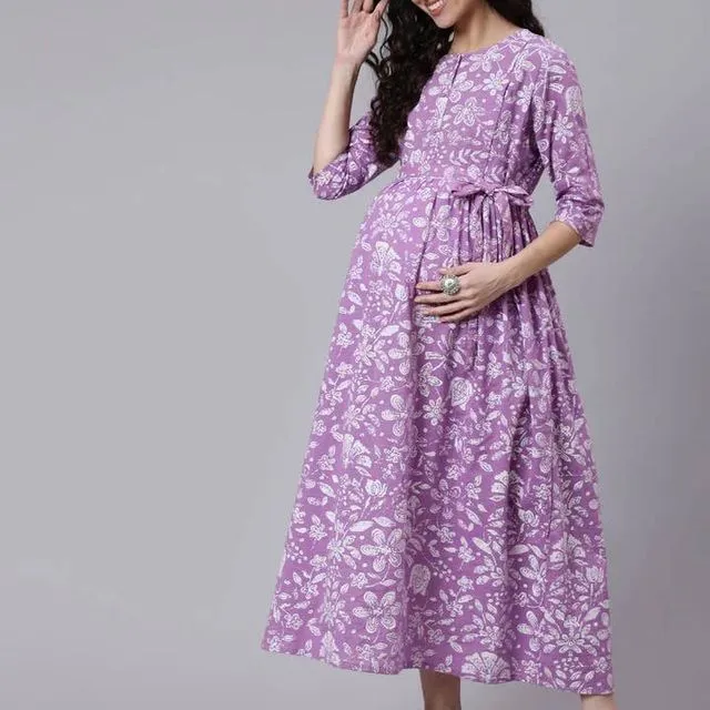 Women Paisley Floral Printed Flared Maternity Dress/A-line - PURPLE