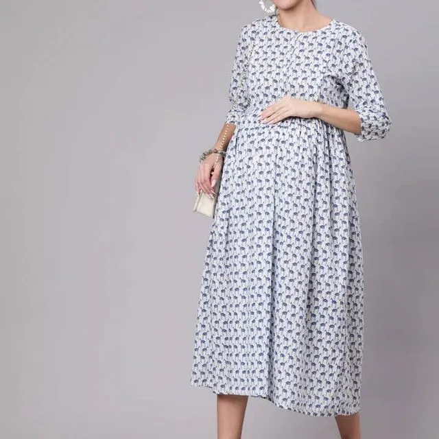 Women Paisley Floral Printed Flared Maternity Dress/A-line - WHITE