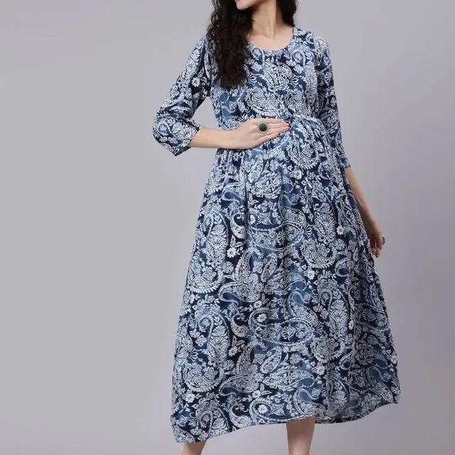 Women Paisley Floral Printed Flared Maternity Dress/A-line - BLUEFLORAL