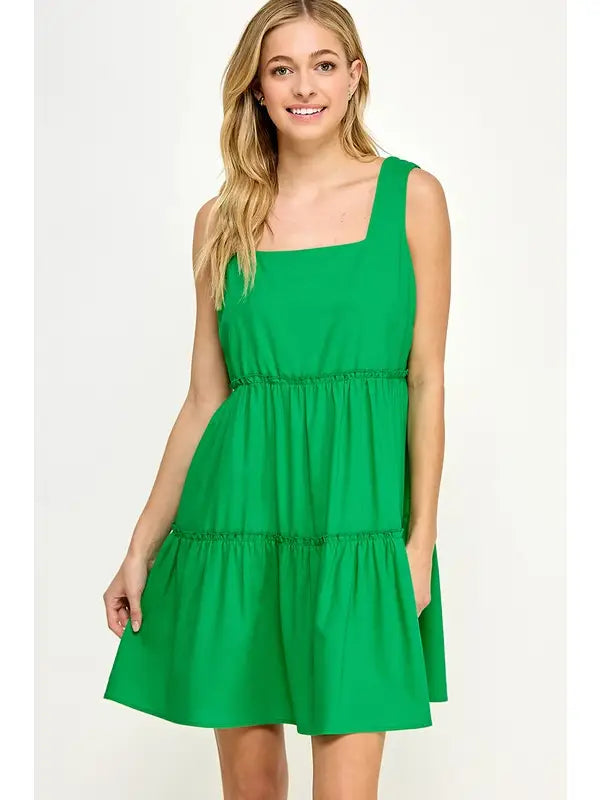 Solid Tiered Linen Dress - KELLY GREEN