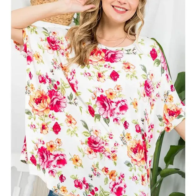 Plus Allover Floral Oversized Boxy Top - IVORY