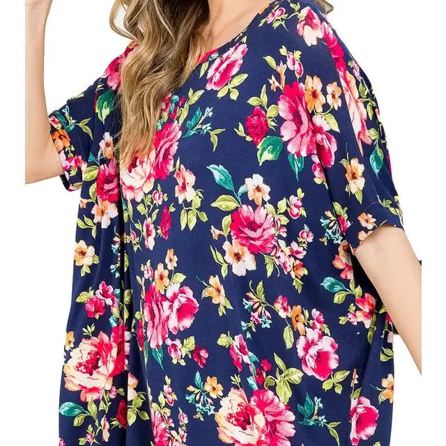 Plus Allover Floral Oversized Boxy Top - NAVY