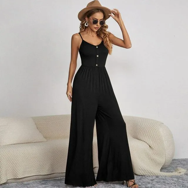 BLACK Solid Color Casual Sleeveless Loose Jumpsuit