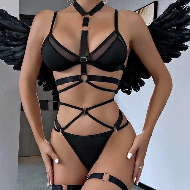 Solid Color Sexy Lingerie Complex Cross Three-Piece Set