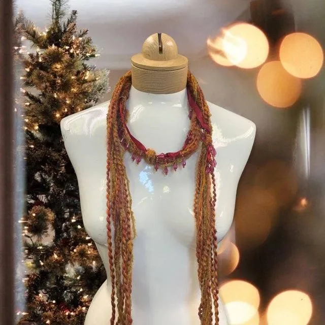 Boho Beaded Lightweight Mohair Scarf Necklace-Orange and Red