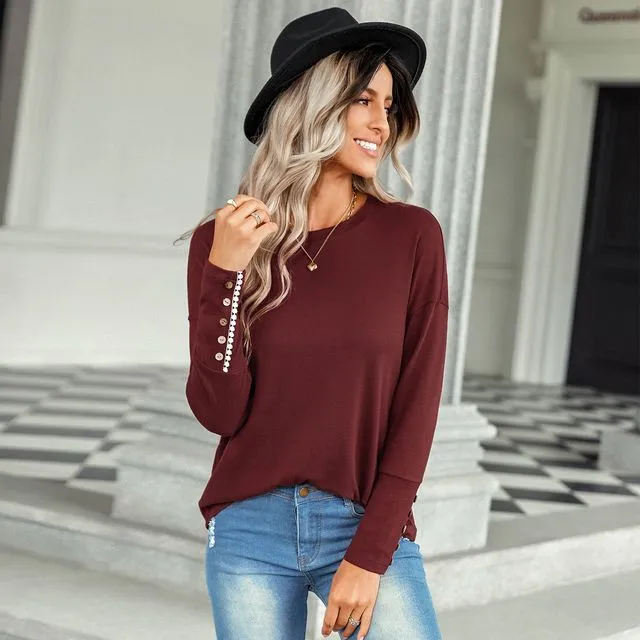 BURGUNDY Solid Color Loose Round Neck T-Shirt