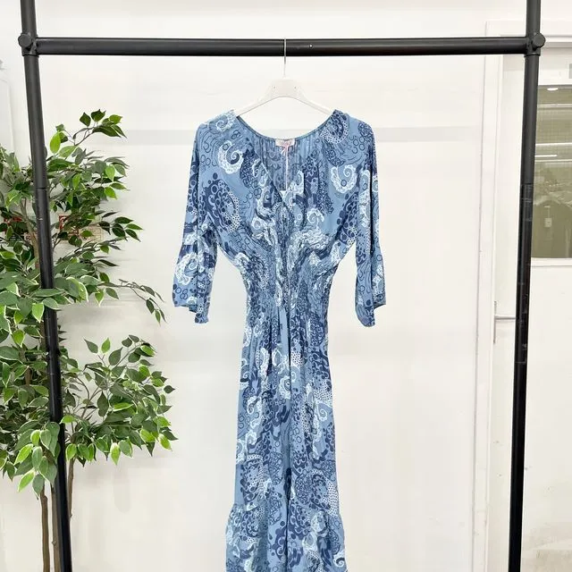 2154 - Denim Blue paisley print cinched waist dress